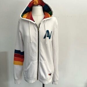 Aviator Nation RARE Signature Rainbow Full Zip Hoodie White Retro Surf Sold Out